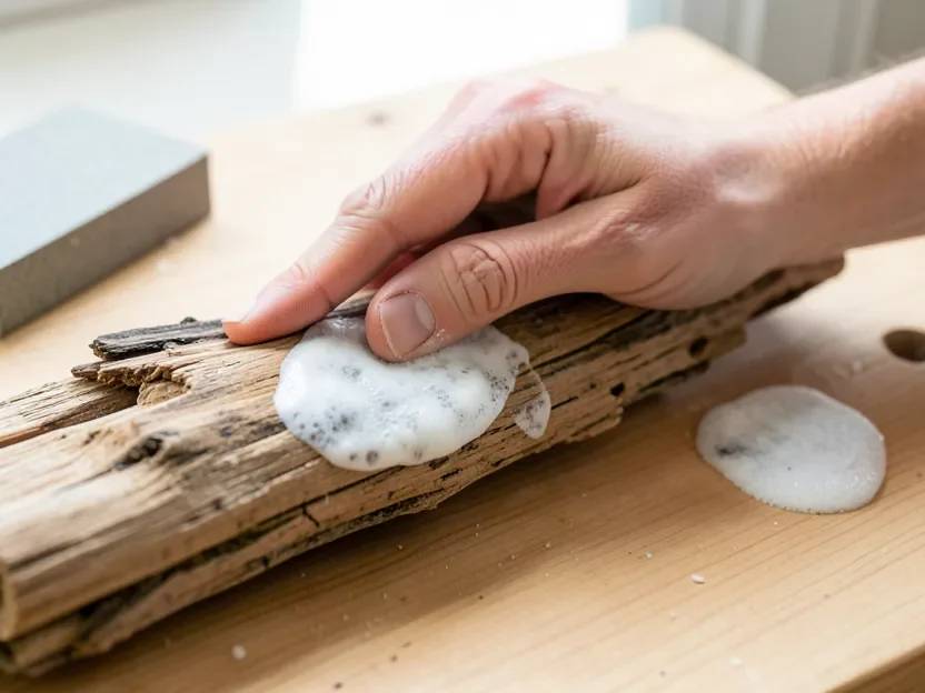 Milky, cloudy sealant finish on driftwood caused by sealing before the wood was fully dry