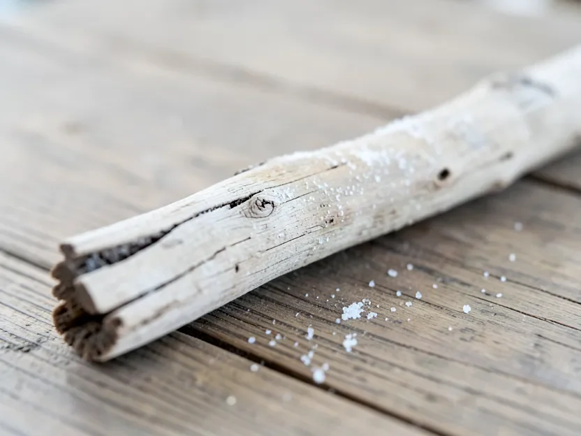 Dry driftwood with visible salt crystals on the surface before desalination and sealing