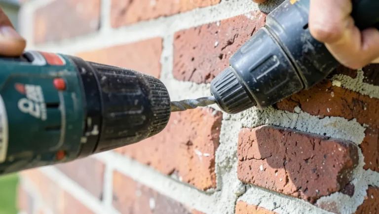 Drilling a masonry bit into a mortar joint between bricks