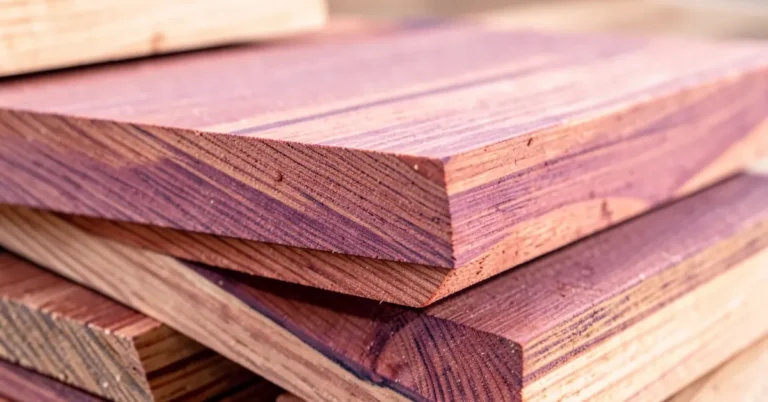 Stacked eastern red cedar lumber showing reddish-purple heartwood grain