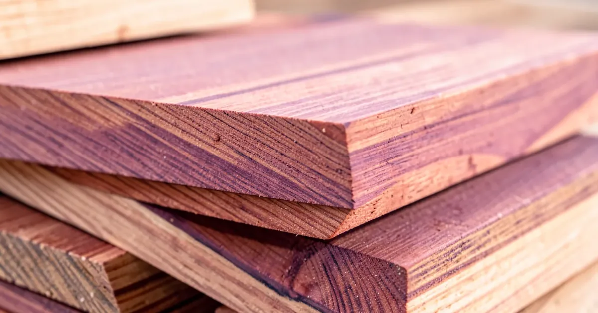 Stacked eastern red cedar lumber showing reddish-purple heartwood grain