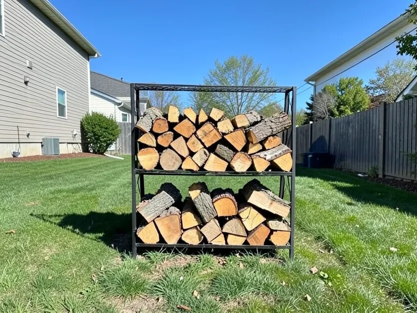 Firewood stored on an elevated rack away from the house foundation to prevent termites