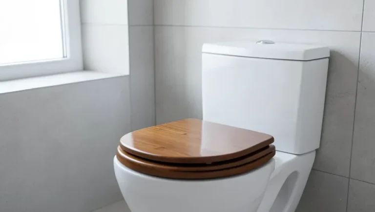 Bathroom toilet with a glossy wood-tone enameled toilet seat
