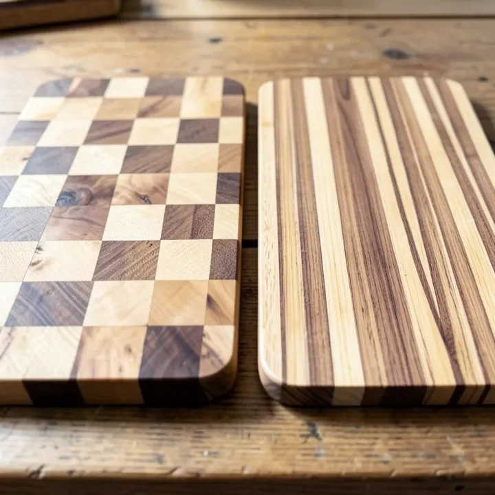 End-grain checkerboard cutting board next to an edge-grain striped cutting board