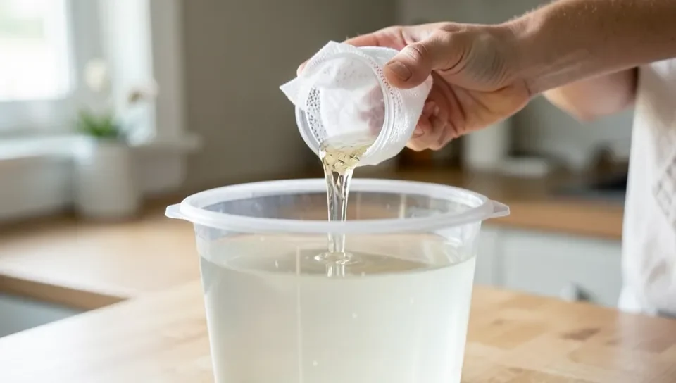 Filtering fresh maple sap through cheesecloth into a container