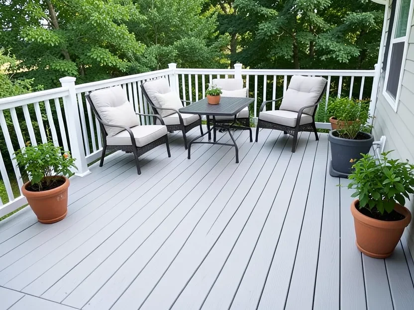 Finished light gray painted deck ready for outdoor furniture