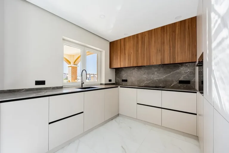 Modern kitchen with flat slab cabinet doors and walnut wood upper cabinets
