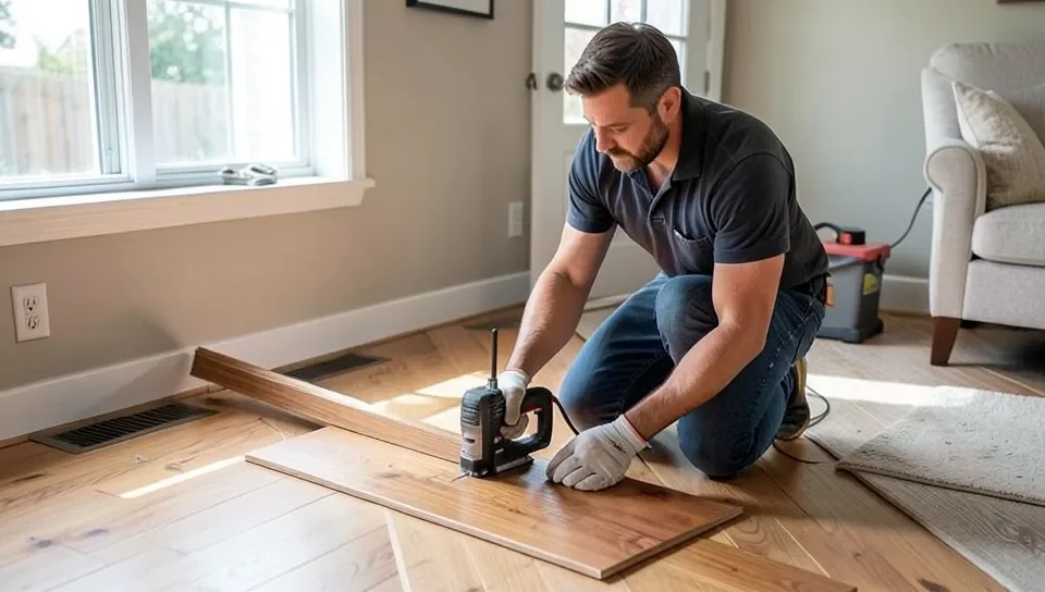 A flooring contractor installing hardwood for a customer