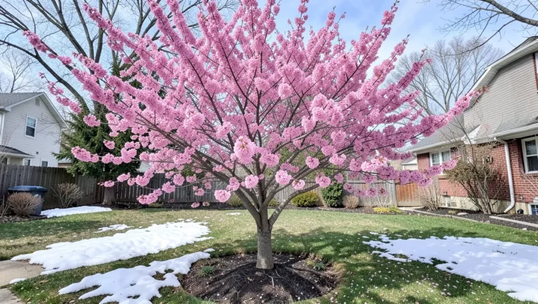 Blooming pink flowering cherry tree in an Illinois backyard in spring
