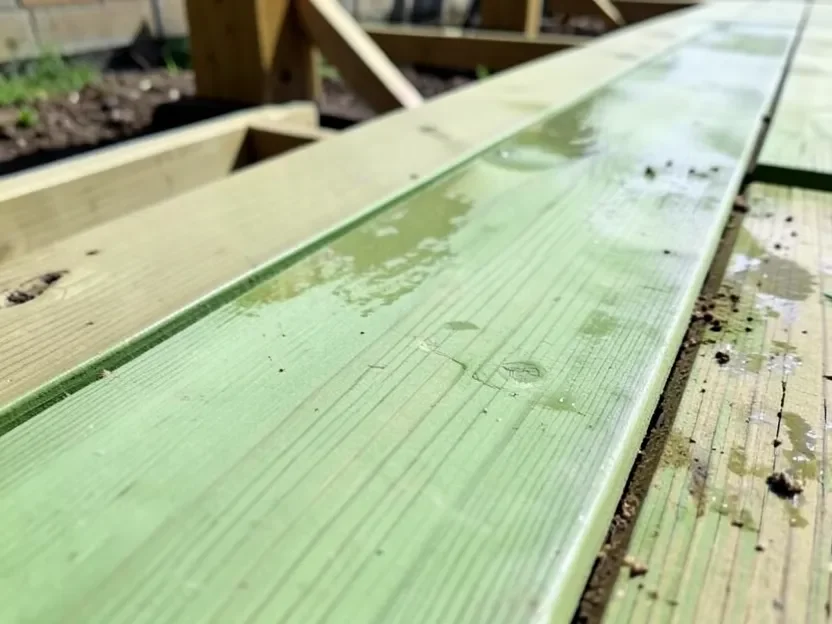 Freshly installed pressure-treated lumber decking with a greenish tint and damp surface from the treatment process