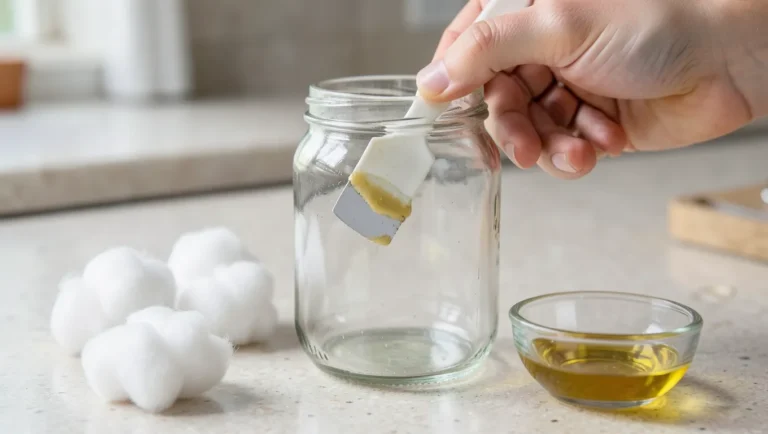 Hand scraping sticky label glue residue off a glass jar