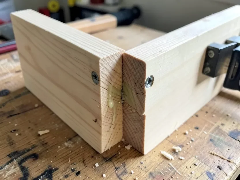 Finished plywood pocket-hole joint with glue squeeze-out, clamped on a workbench