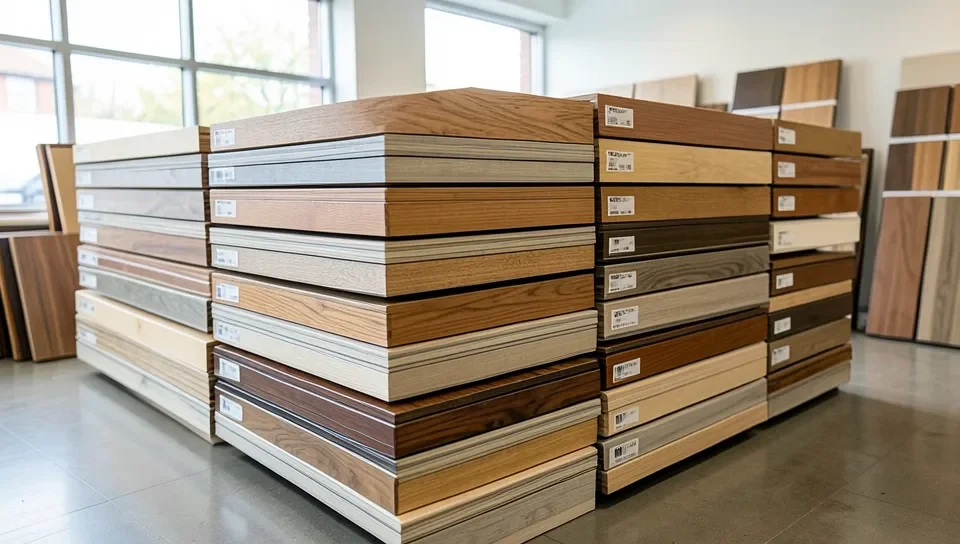 Stacked hardwood flooring product samples in a showroom