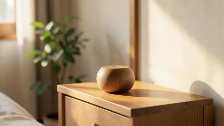 Small hinoki cypress wood aroma diffuser block on a wooden nightstand in a minimalist bedroom