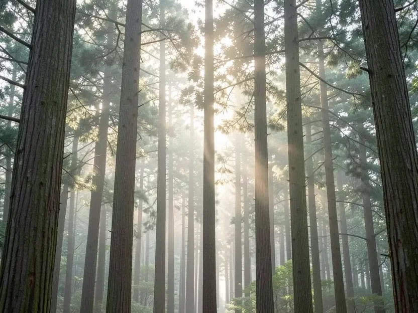 Japanese hinoki cypress forest, the same tree species linked to shinrin-yoku forest bathing