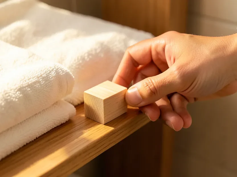 Placing a hinoki wood aroma diffuser block on a shelf