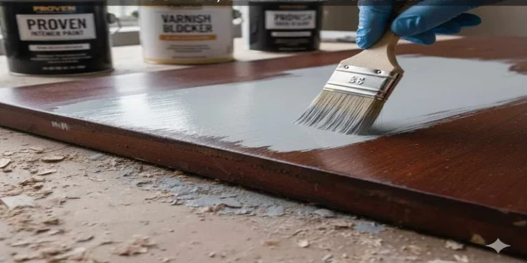Painting over a stained wood board with a brush