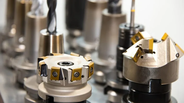 Indexable carbide insert cutter heads lined up, the same replaceable-insert idea used in helical planer heads