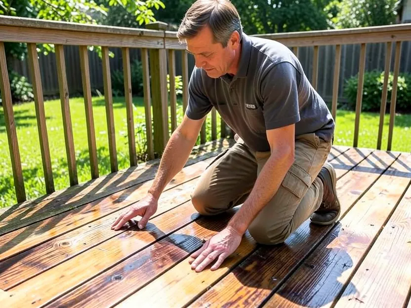 Homeowner inspecting a stained wood deck for wear during annual inspection