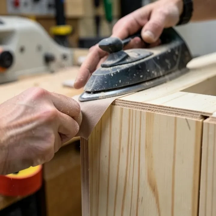 Ironing wood veneer edge banding onto a birch plywood cabinet panel edge Ironing wood veneer edge banding onto a birch plywood cabinet panel edge