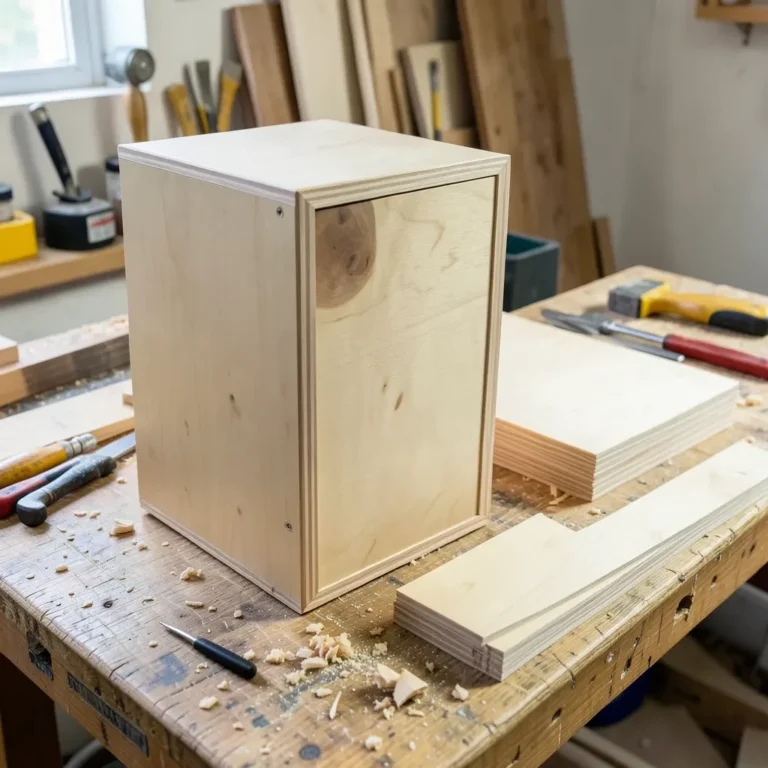 Finished birch plywood speaker cabinet next to stacked plywood sheets