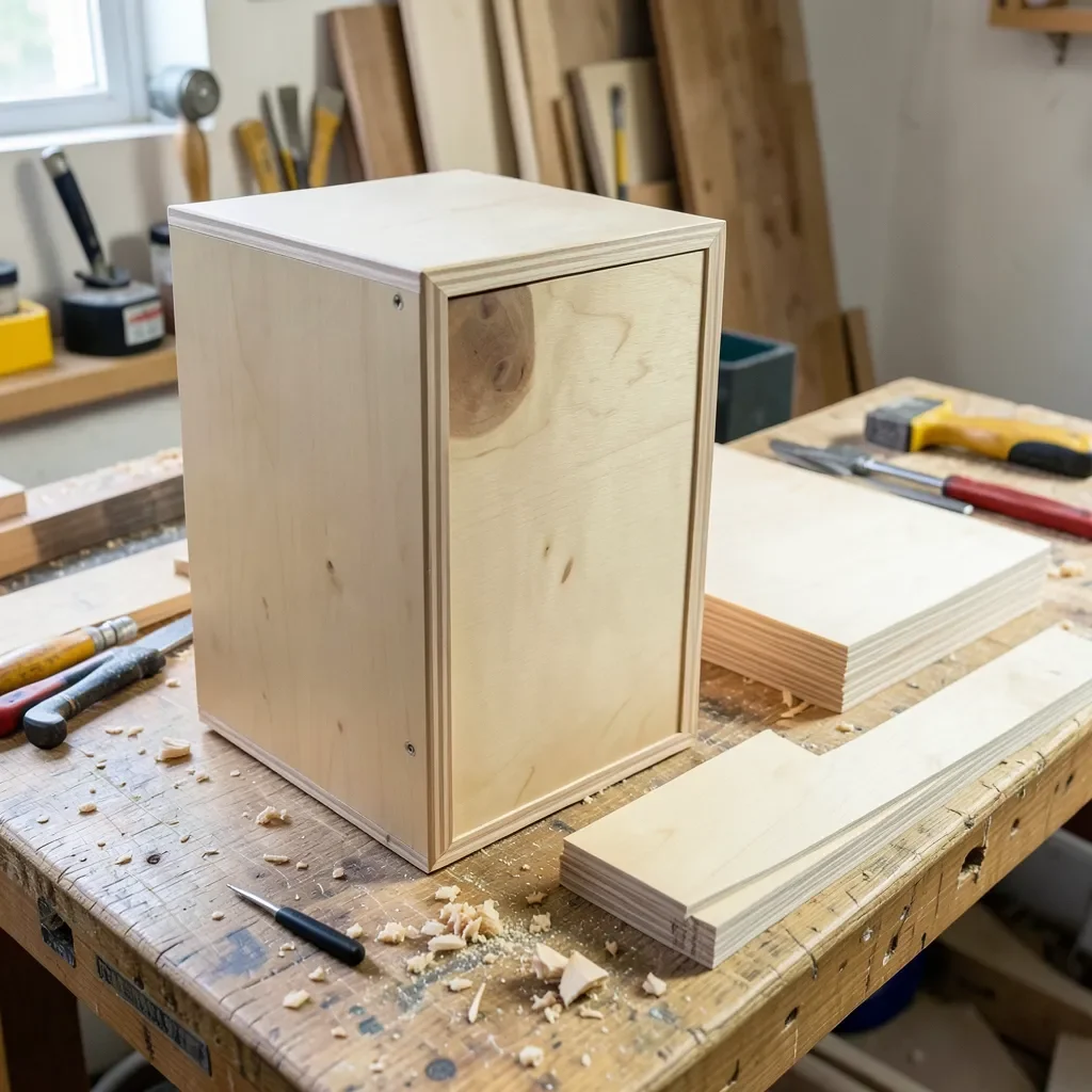 Finished birch plywood speaker cabinet next to stacked plywood sheets