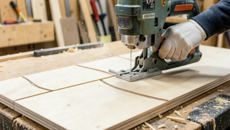 Jigsaw cutting a curved line through a plywood board