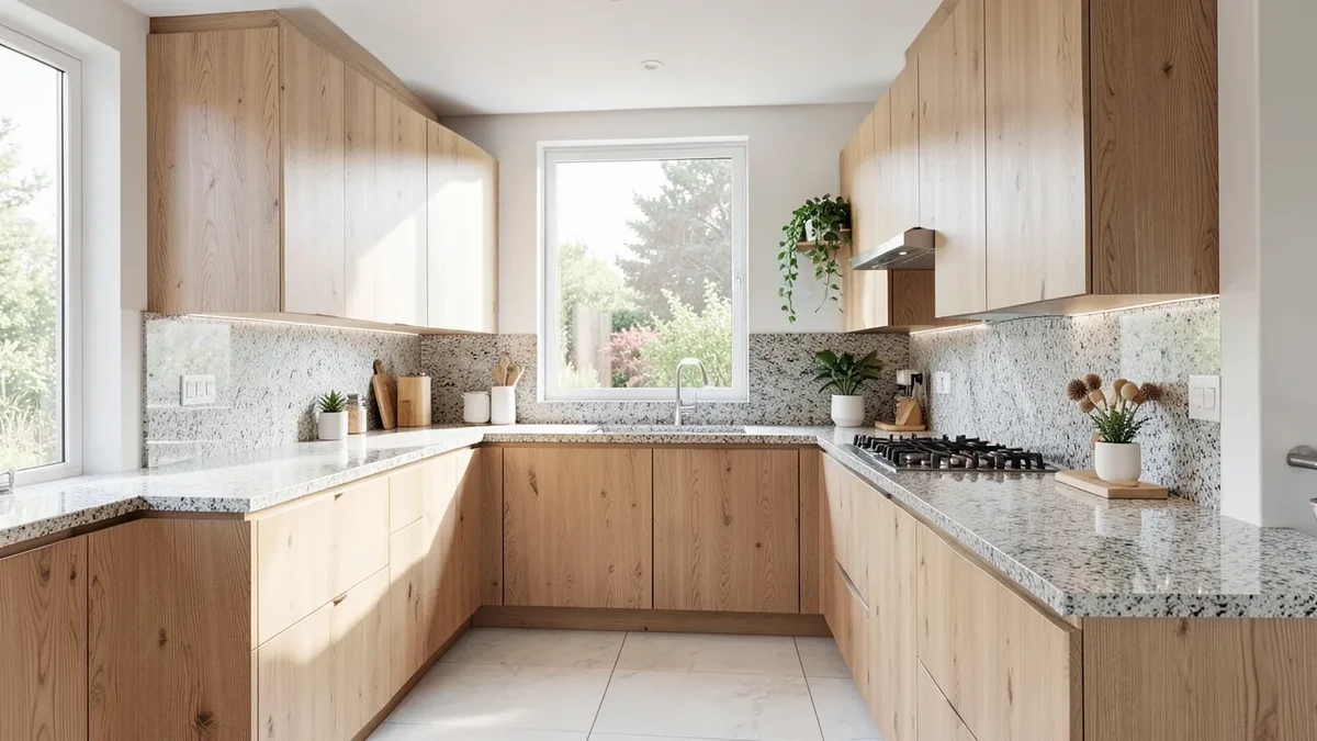 Modern kitchen with natural maple wood cabinets