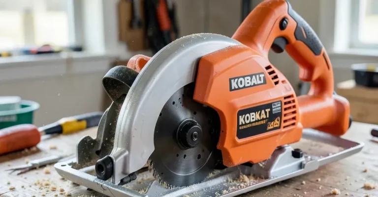 Orange Kobalt miter saw on a workbench in a home garage workshop