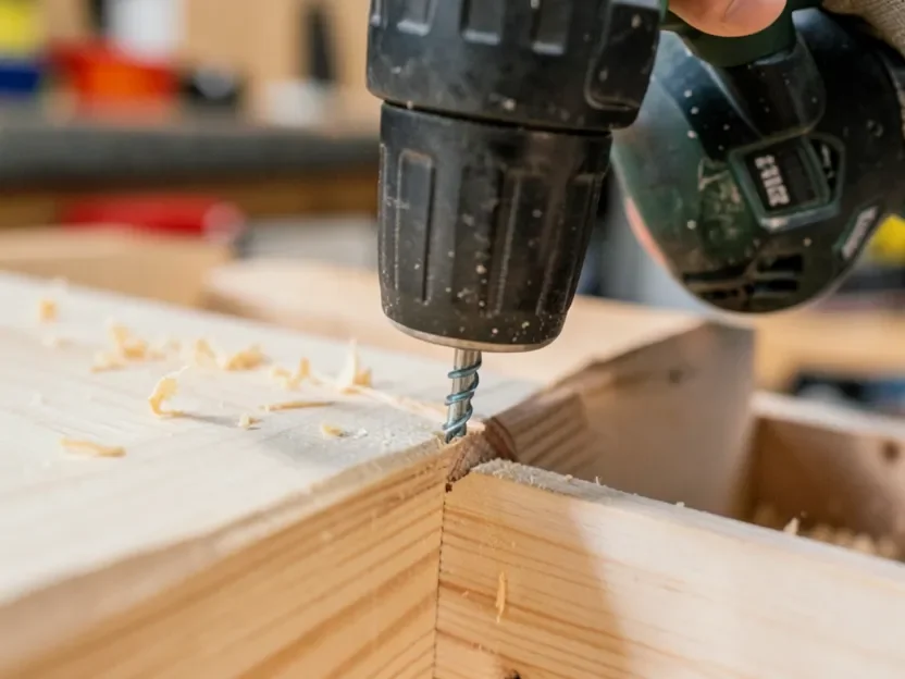 Cordless drill driving a Kreg pocket-hole screw into a 3/4 inch plywood joint