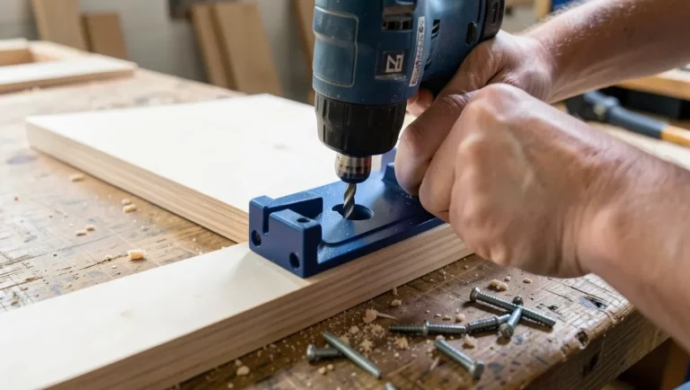 Woodworker drilling a pocket hole with a Kreg jig clamped to plywood