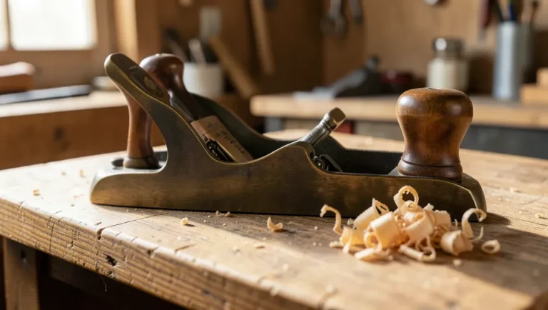 Premium bronze and cast iron hand plane resting on a wooden workbench next to curled wood shavings
