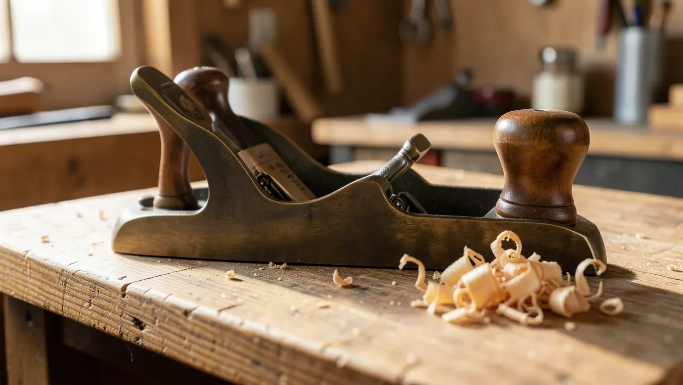 Premium bronze and cast iron hand plane resting on a wooden workbench next to curled wood shavings