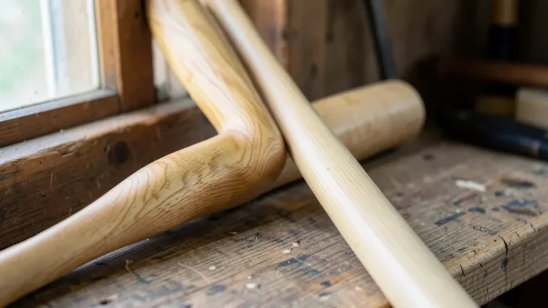 maple and birch wood baseball bats side by side showing different wood grain in a workshop