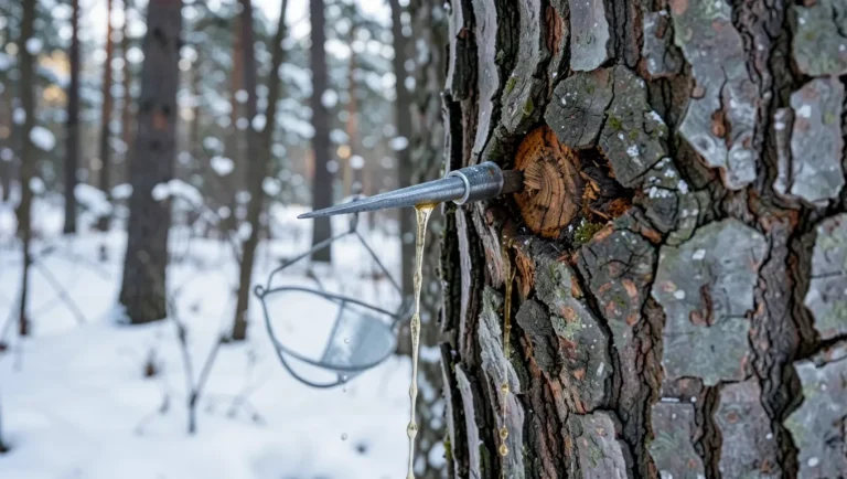 A properly set spile lets sap drip freely into a covered collection bucket