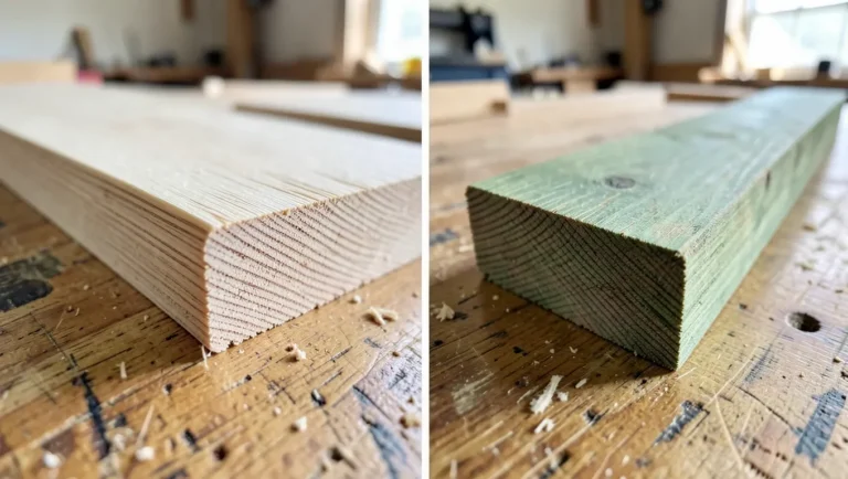 Marine grade plywood sheet and pressure-treated lumber board side by side in a woodworking shop