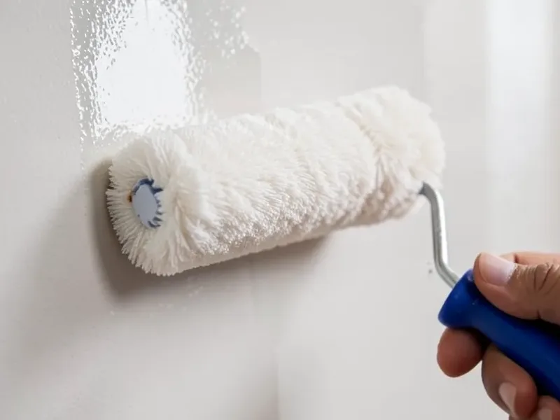 Close-up of a microfiber paint roller applying a smooth, even coat to an interior wall