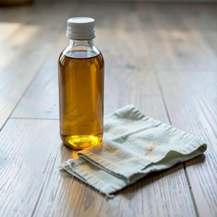 cleaning rag and soap bottle on a wood floor showing a hazy residue film