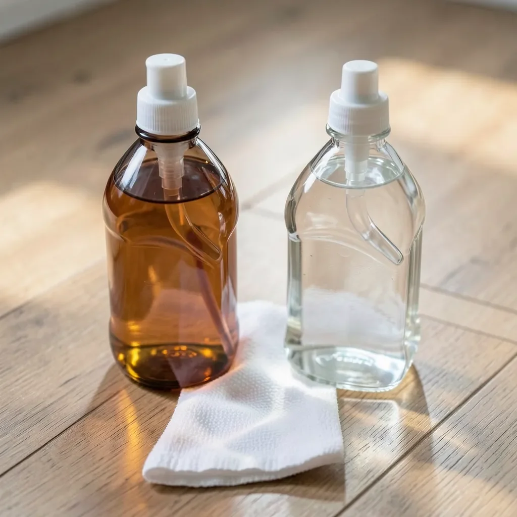 two cleaning bottles compared side by side on a wood floor