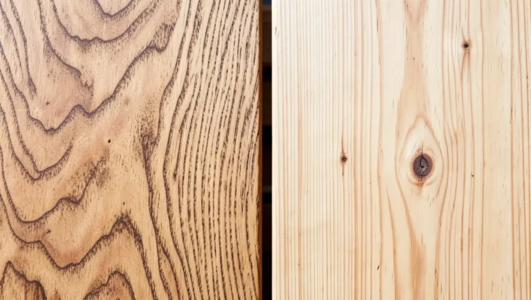 Oak and pine wood boards side by side showing grain difference