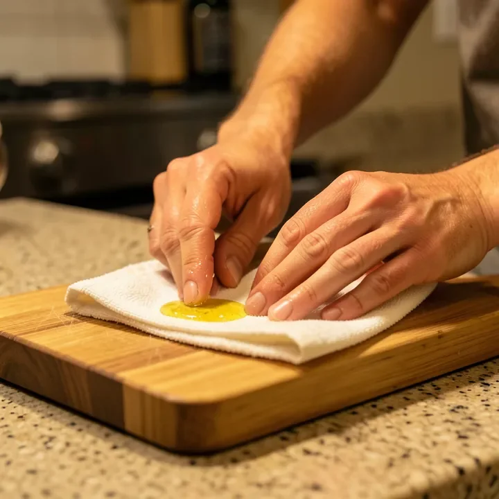 Hands rubbing mineral oil into a wood cutting board with a cloth