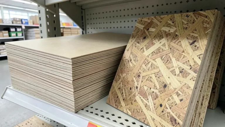 Stack of 1/2 inch plywood sheets next to a 1/2 inch OSB sheet showing the material texture difference