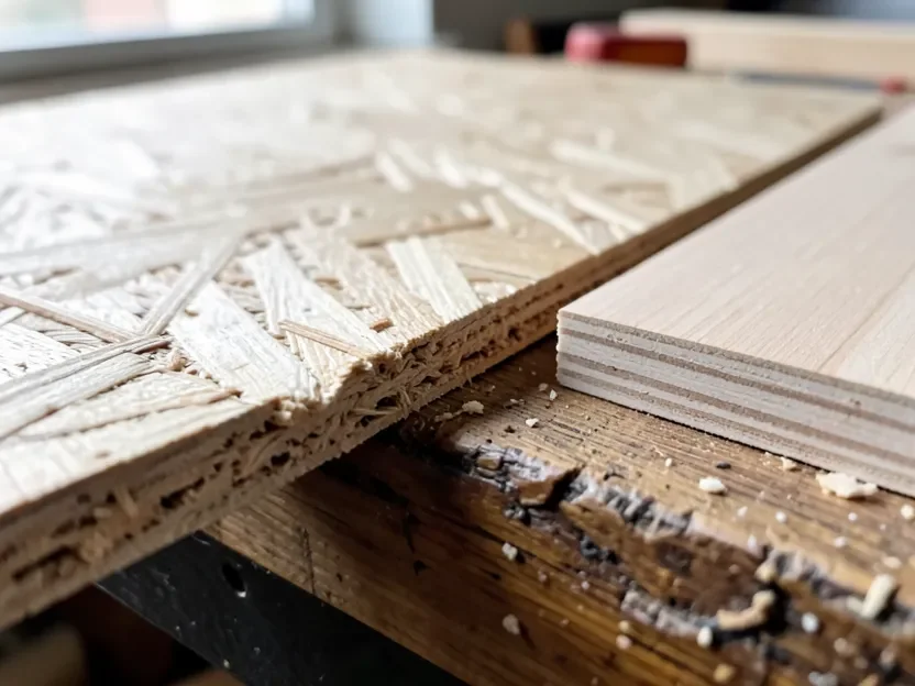 Close-up of a rough OSB cut edge next to a smooth layered plywood edge showing the texture difference