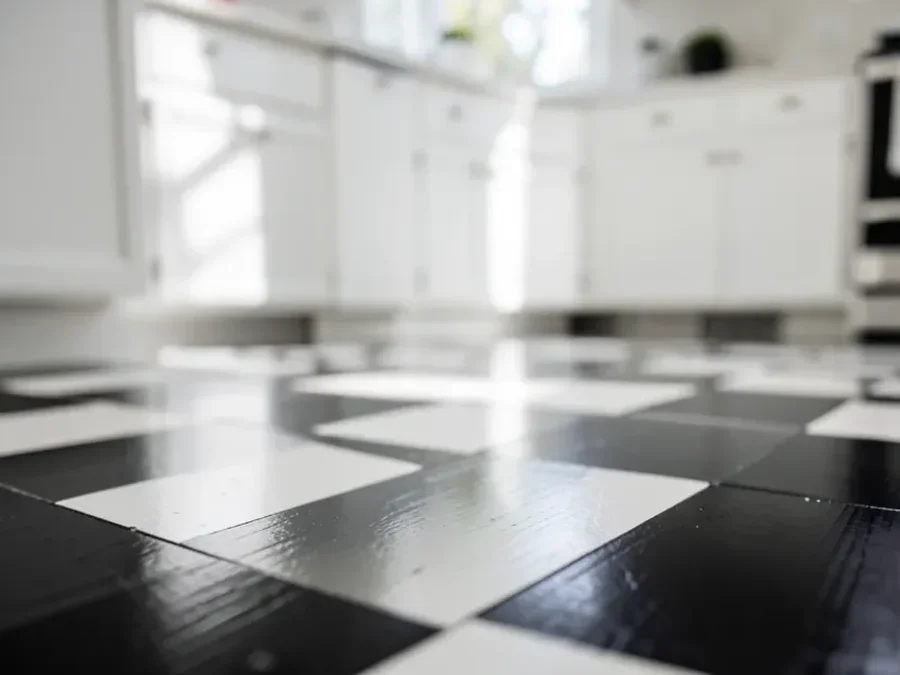 Black and white checkerboard painted wood floor in a kitchen