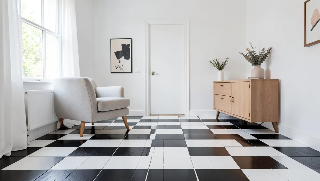 Plywood floor painted in a black and white checkerboard pattern