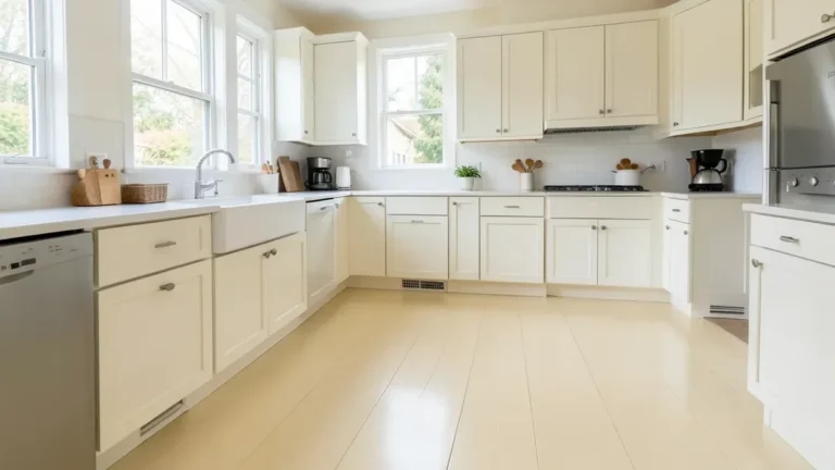 Kitchen with a wood plank floor painted a solid warm cream color, white shaker cabinets