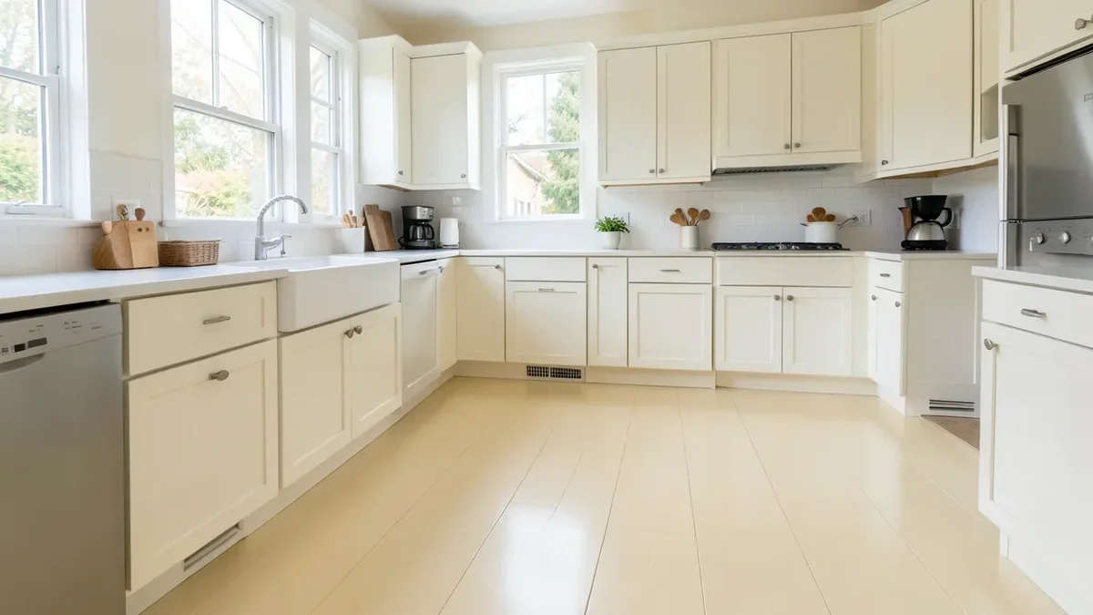 Kitchen with a wood plank floor painted a solid warm cream color, white shaker cabinets