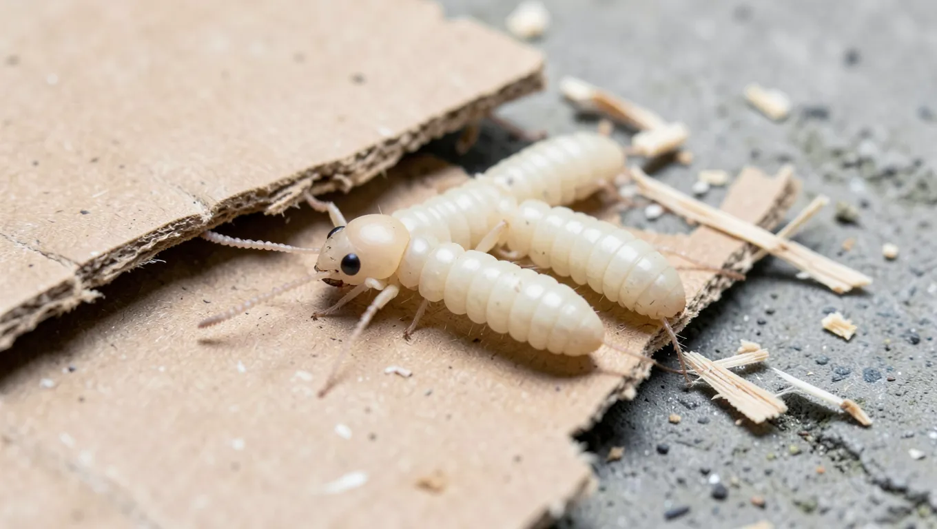 Pale soft-bodied termites feeding on cardboard packaging
