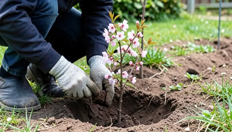 Planting a young flowering cherry tree sapling