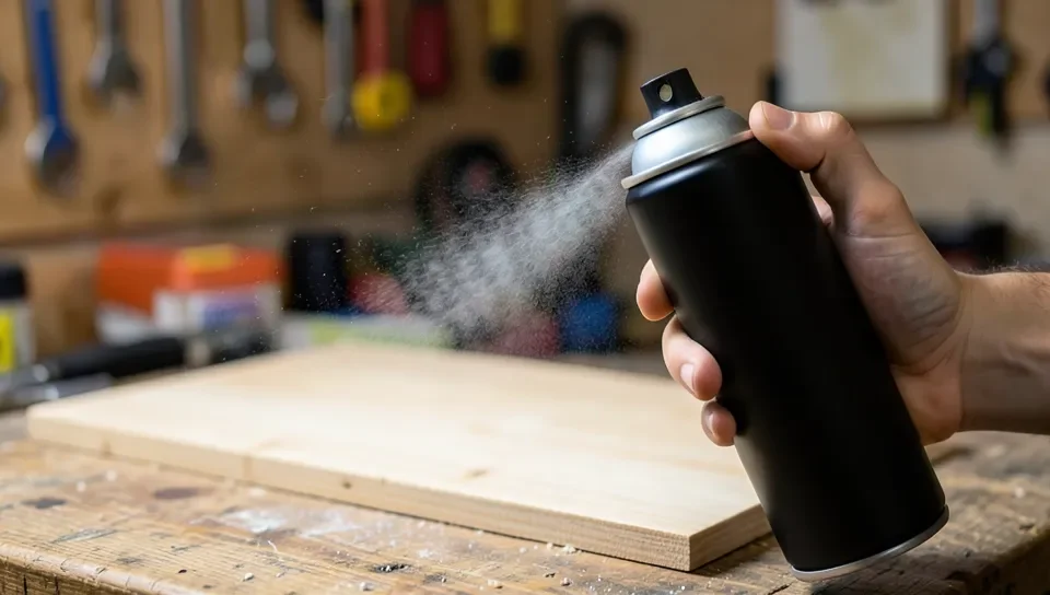 Aerosol spray can applying a fine mist of clear wood finish onto a wood board in a workshop